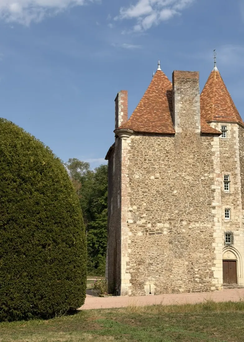 Tour en pierre d'un château et haie d'if taillée en dôme