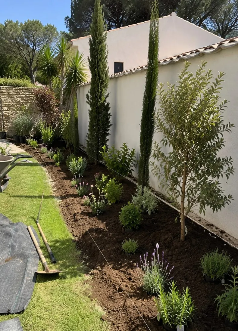 Plantation de cyprès, lavandes et arbustes le long d'un mur blanc