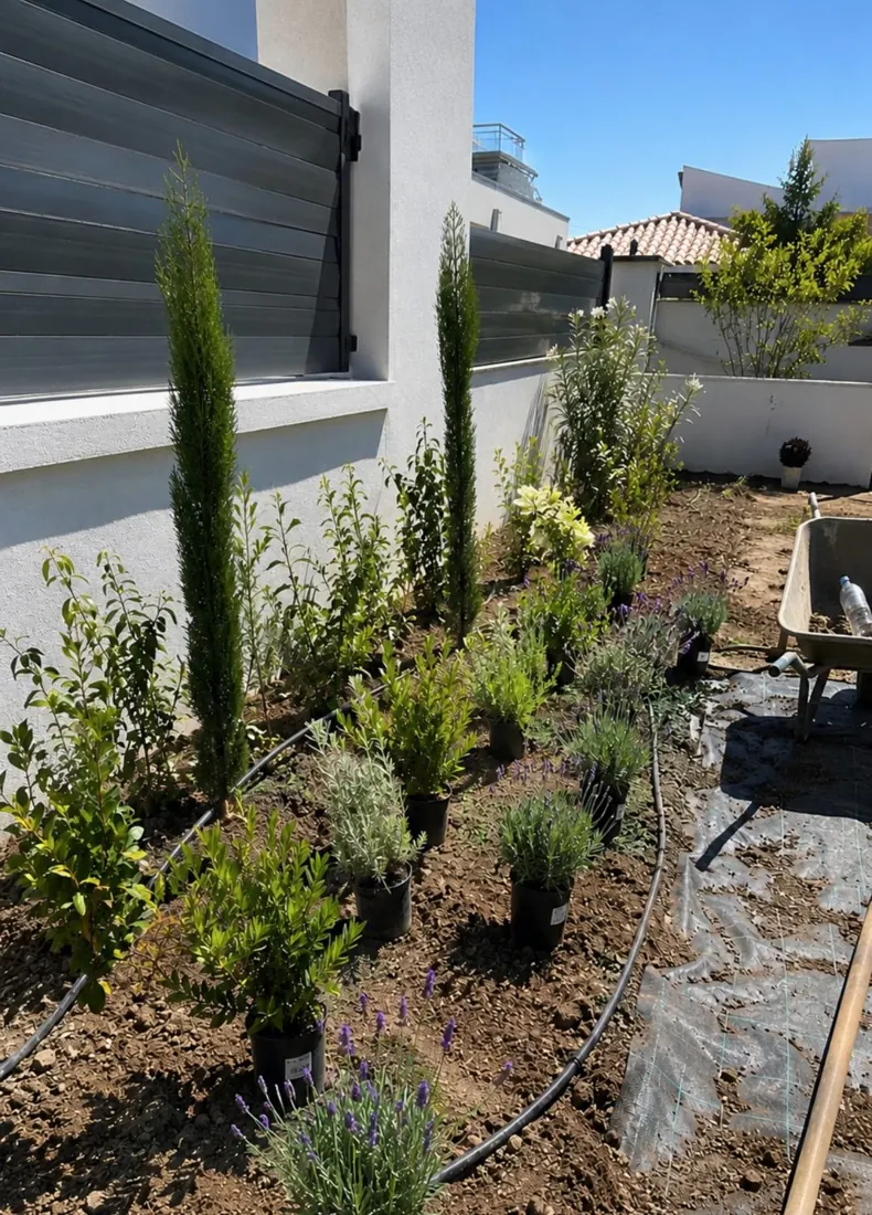 Massif en cours de plantation avec arrosage goutte à goutte